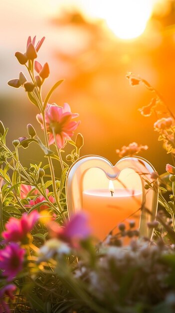 Foto uma vela em forma de coração é cercada por flores