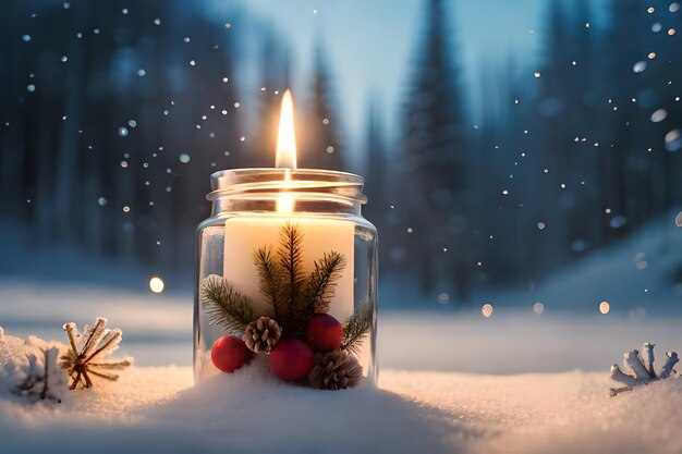 Uma vela em uma jarra com uma decoração de natal na neve
