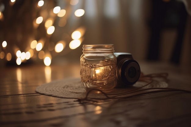 Uma vela em uma jarra de vidro está sobre uma mesa com uma lata de luz atrás dela.