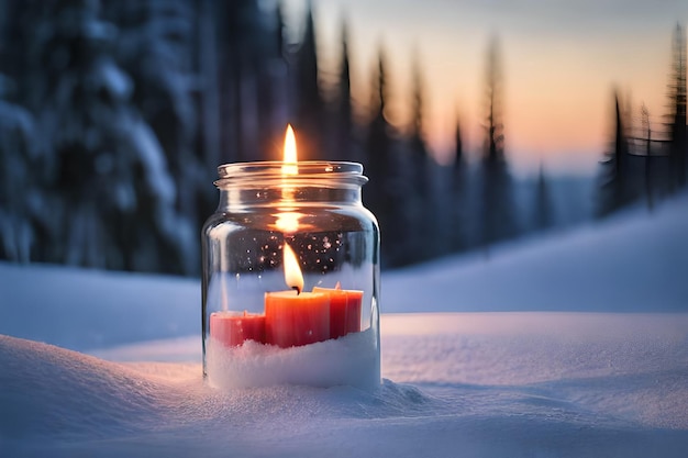 Uma vela em uma jarra é acesa na neve.