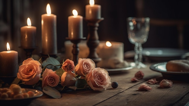 Uma vela em uma mesa com um buquê de rosas