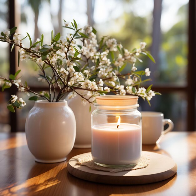 Uma vela em uma mesa com uma vela no meio.