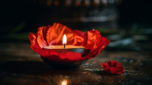 Uma vela em uma tigela com uma flor