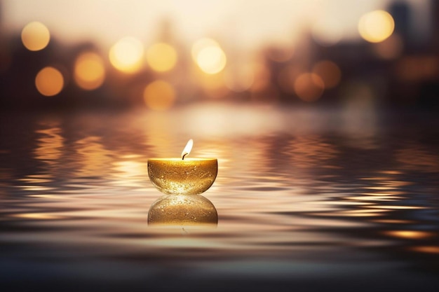 Uma vela flutuando na água com luzes da cidade ao fundo