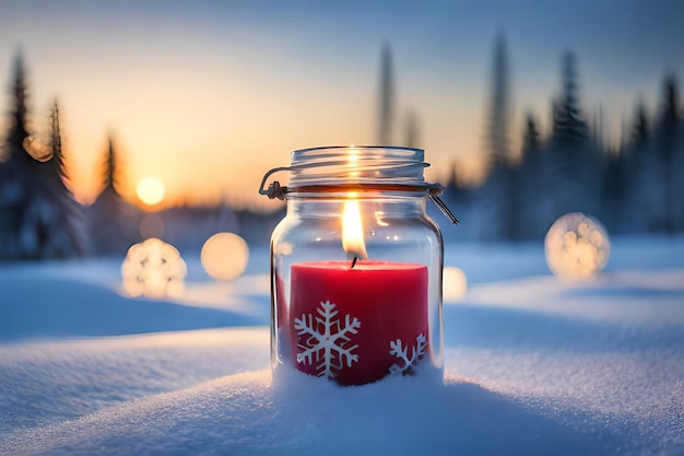 Uma vela na neve com um floco de neve