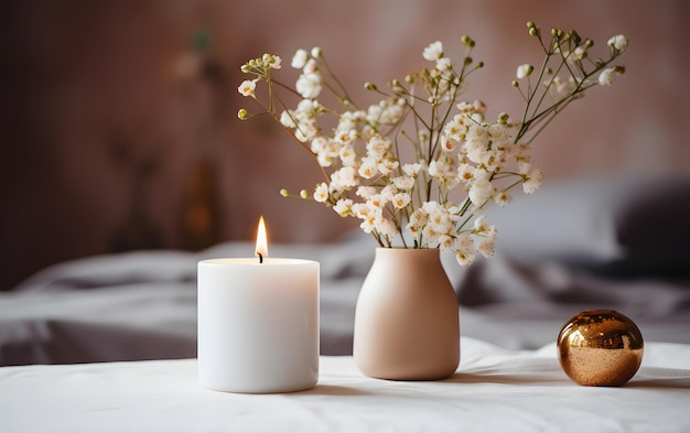 Uma vela perfumada em uma mesa branca com vasos em um fundo minimalista moderno