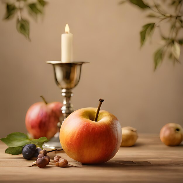 Foto uma vela que está em uma mesa com maçãs e uvas