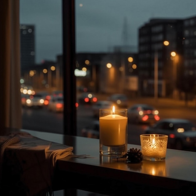 Uma vela sobre uma mesa em frente a uma rua cheia de carros.