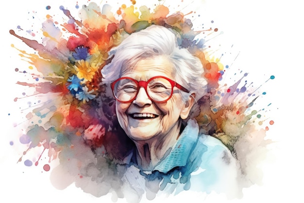 Uma velha alegre e bonita com óculos adornados com flores em aquarela no estilo de salpicos de cor Generative AI