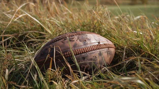 Uma velha bola de beisebol adornada com histórias de triunfo e derrota repousa serenamente na grama verde exuberante