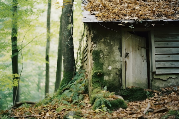 Foto uma velha cabana abandonada na floresta.