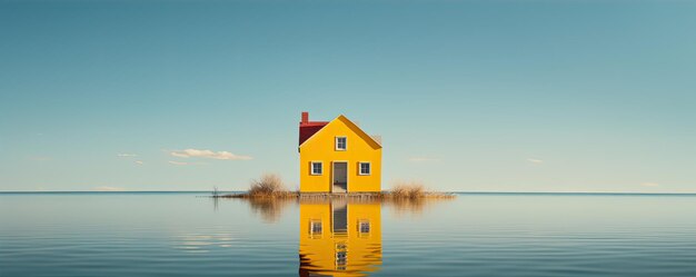 Uma velha casa amarela na borda do lago ou foto panorâmica da água