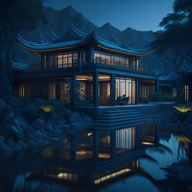 Uma velha casa chinesa em um belo cenário paisagístico
