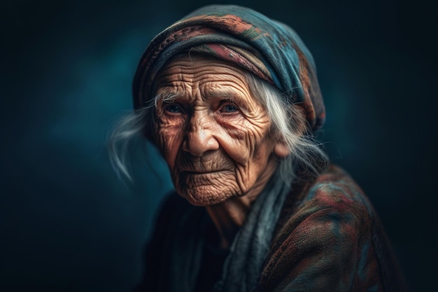 Uma velha com um cachecol e um cachecol senta-se em frente a um fundo azul.