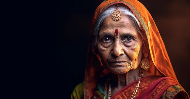 Uma velha com um sari vermelho na cabeça