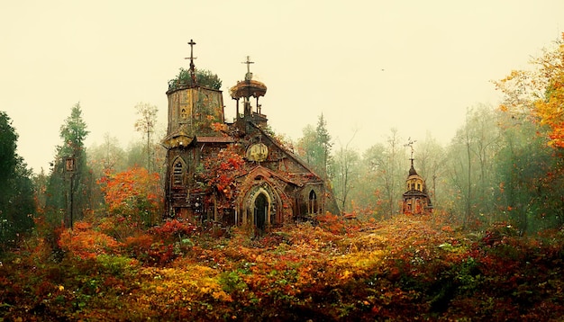 Uma velha igreja abandonada na floresta de outono