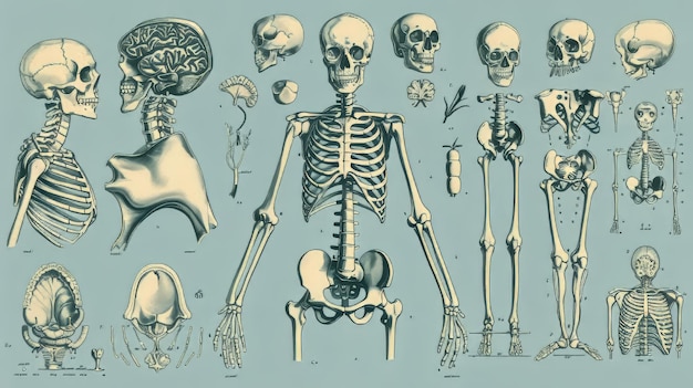 Foto uma velha ilustração gravada do esqueleto humano de frente e de trás com suas partes funcionais e seus nomes.