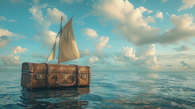 Uma velha mala a navegar no mar