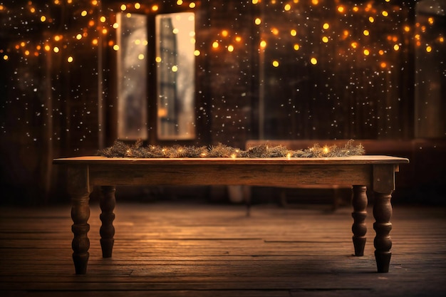 Uma velha mesa de madeira com uma rua de luzes sobre ela