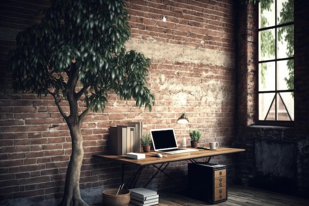 Uma velha mesa de parede de tijolos e um notebook em um espaço de trabalho retrô Uma árvore aquece este lugar