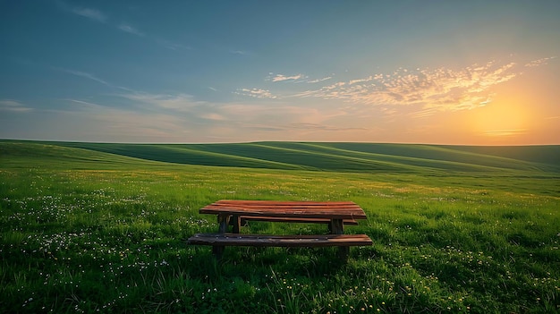 Foto uma velha mesa de piquenique de madeira rústica centrada em um vasto campo verde vibrante sob um céu azul claro