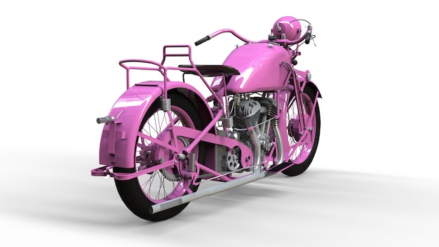 Uma velha motocicleta rosa dos anos 30 do século XX. Uma ilustração em um espaço em branco com sombras de um avião.