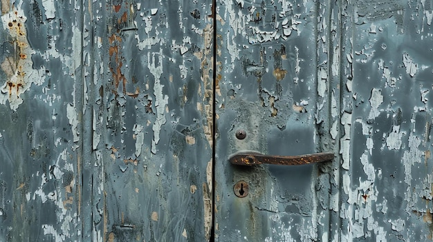Foto uma velha porta de madeira pintada de azul com pintura descascante. a porta tem uma maçaneta de metal e um buraco de chave. a porta está fechada.