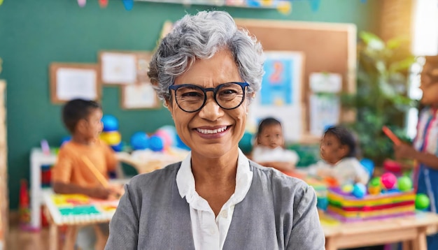 Uma velha professora indiana com óculos.