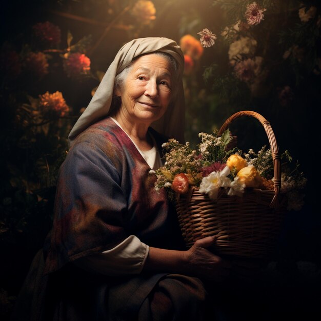 Foto uma velha segurando uma cesta com flores e uma cesta de flores.