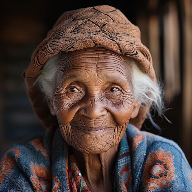 uma velha sorrindo para a câmera