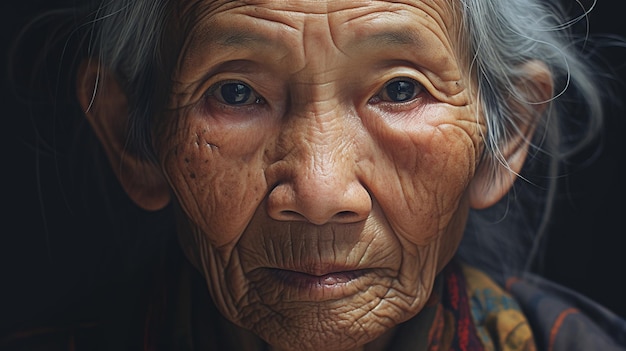 Uma velhota asiática a olhar para o espectador.