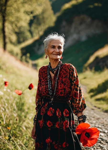 uma velhota está em um campo de flores