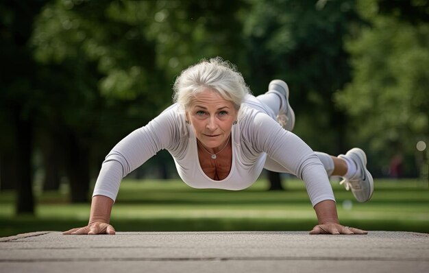uma velhota está fazendo flexões durante um parque ao ar livre no estilo branco e prateado