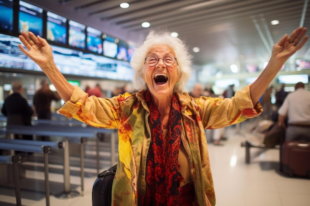 Uma velhota muito feliz no terminal do aeroporto.