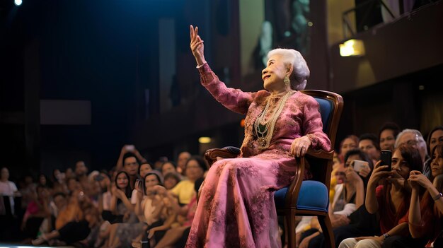 Foto uma velhota sentada numa cadeira no palco