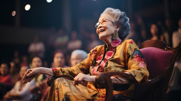 Foto uma velhota sentada numa cadeira no palco