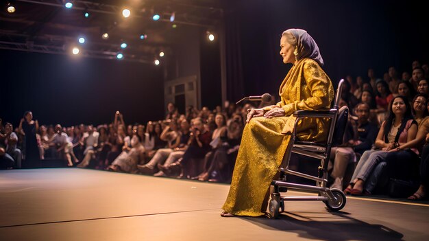 Foto uma velhota sentada numa cadeira no palco