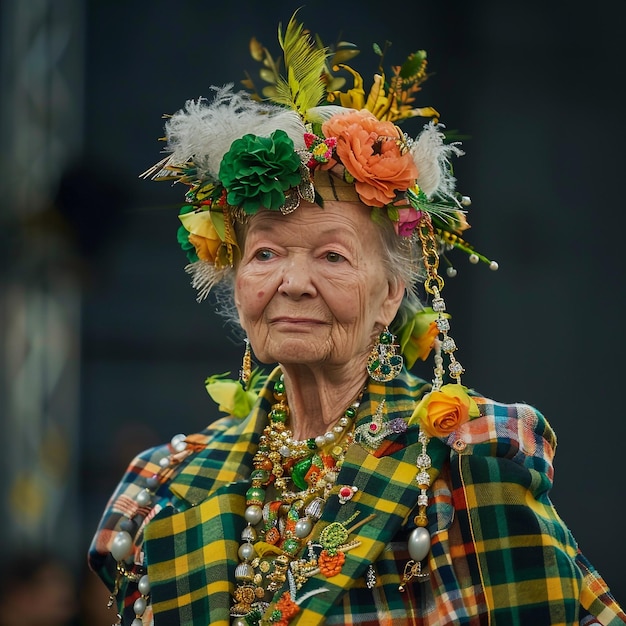 uma velhota vestindo um chapéu colorido com flores nele