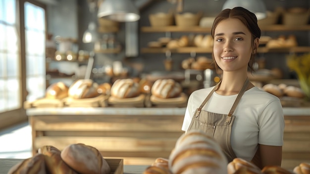 Foto uma vendedora sorridente vende um saco com rolos de pão