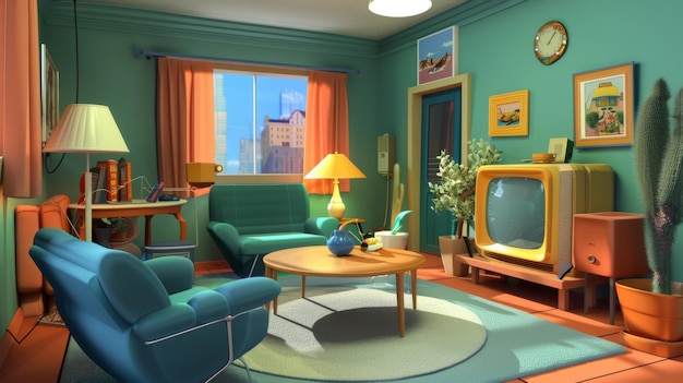 Foto uma versão de desenho animado em 3d de uma série de televisão clássica set de ilustração gerada por ia