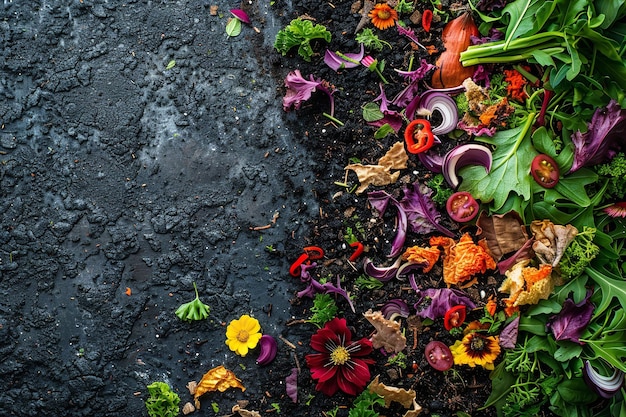 Uma versão maior de um composto de jardim orgânico em profundidade representando o ecossistema da terra derivado de resíduos de cascas de vegetais e frutas naturalmente presentes e espaço IA geradora