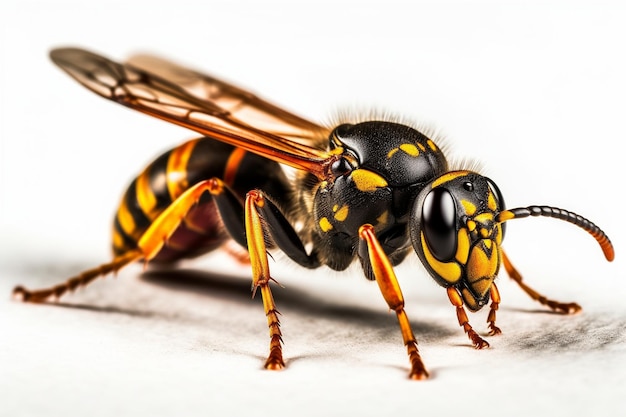 Uma vespa amarela e preta com um rosto preto e marcas amarelas.