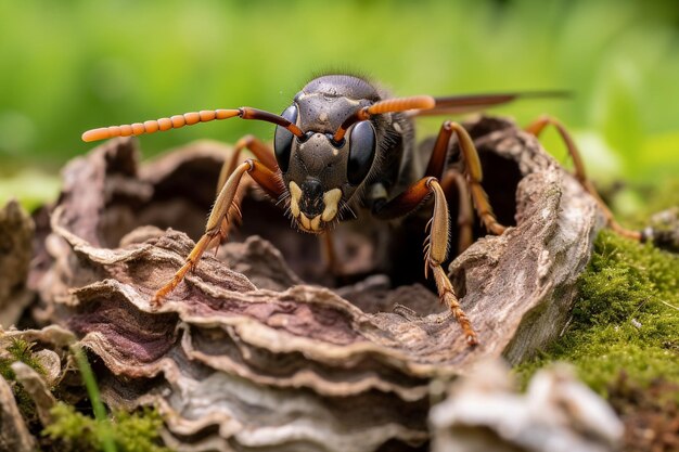 Foto uma vespa de perto a proteger a larva e o ninho