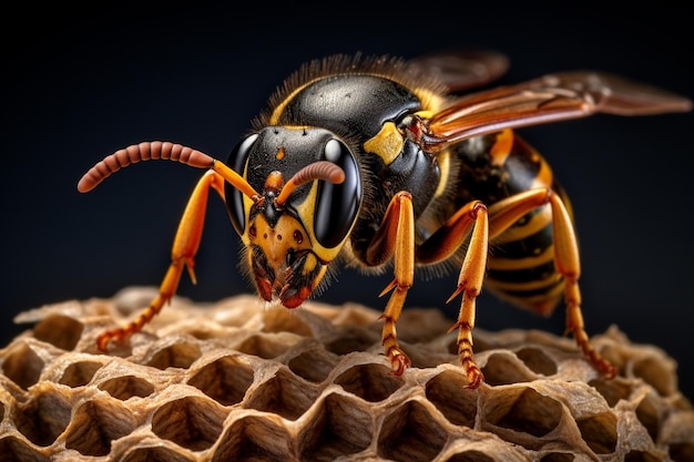 Foto uma vespa de perto a proteger a larva e o ninho