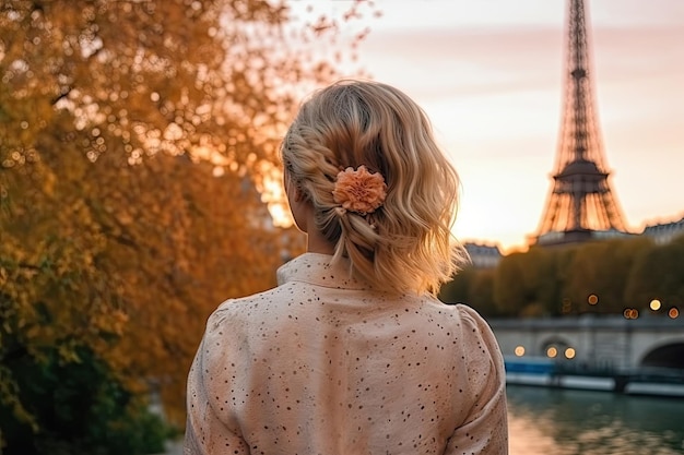 Uma vez em Paris De volta, linda garota chique e magra com longos cabelos loiros contra a torre Eiffel Generative AI