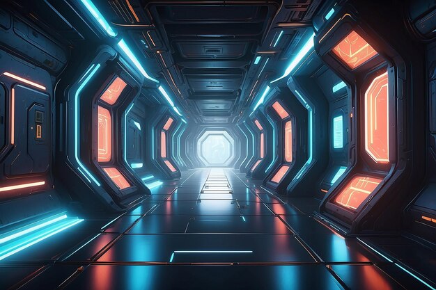 Uma viagem mesmérica através dos corredores iluminados por neon do fundo do jogo espacial futurista