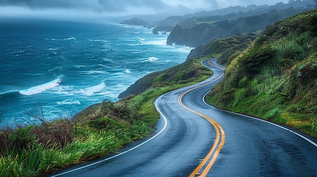 Foto uma viagem panorâmica ao longo do papel de parede da costa sinuosa