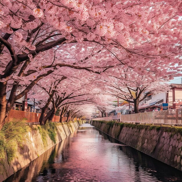 Foto uma viagem tranquila através de uma flor de cereja caminhos na primavera na árvore de flores do parque