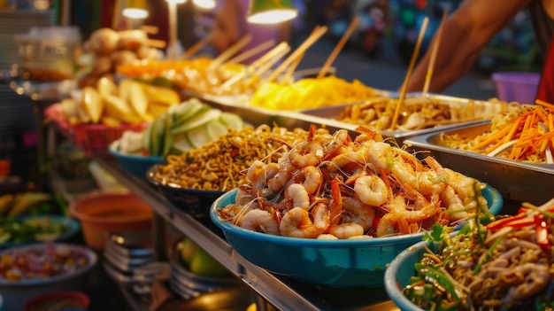 Foto uma vibração de delícias de comida de rua tailandesa de pad thai a arroz pegajoso de manga mostrando os ricos sabores da culinária tailandesa