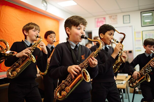 Foto uma vibrante banda escolar ensaiando melodias